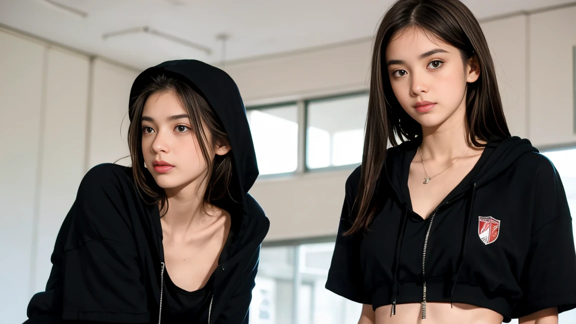 deux femmes ensemble de 18 ans sexy et mince , black short sleeve hoodie , salle de classe, se touche,position sey,sensuel