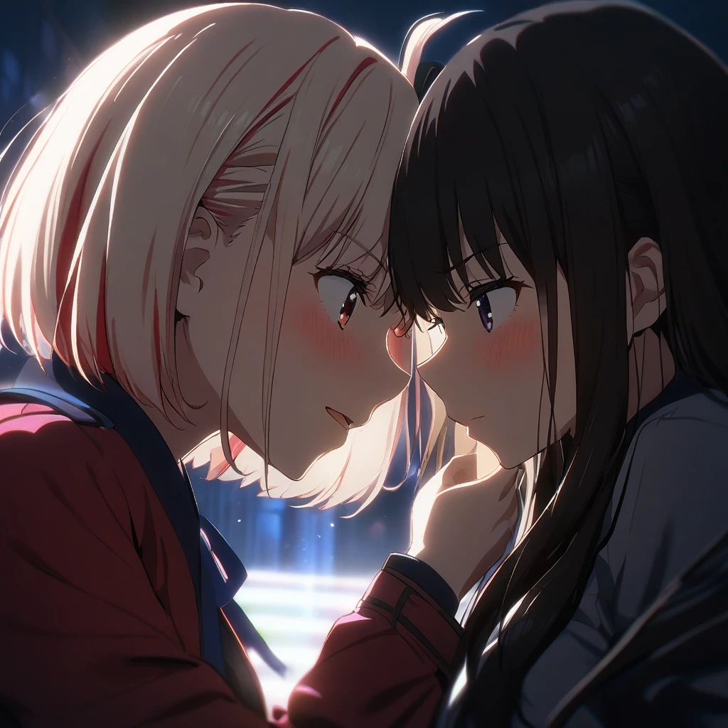 (2girls, 1 girl is inoue takina, 1 girl is nishikigi Chisato, ), (cinematic lighting), (( ffm threesome, )),