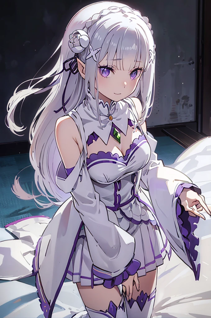 emilia,
Rezero emilia,
1girl,
best illustration, masterpiece,
perfect anatomy, nice hands, perfect hands, BREAK long hair, low-tied long hair, braid, crown braid,
white hair,
(purple eyes:1.2), (beautiful detailed eyes:1.6),
looking at viewer,
pointy ears,
BREAK smile,
dress, pink dress, BREAK bare shoulders, detached collar, long sleeves, shoulder cutout, wide sleeves, white sleeves,
medium breasts,
zettai ryouiki,
flower, hair flower, hair ornament, hair ribbon, white flower, x hair ornament,
cowboy shot ,
Kneeling pose,
shoot from above,
perfect lighting,
background of indoor, on the house bed,