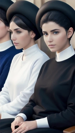 group of handsome haredim woman gathered together, in sweatshirts and short hair focusing on their faces.