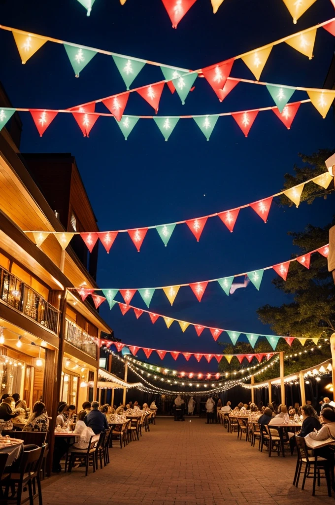 Outdoor celebration with music and food, in a patio with a family atmosphere, with decoration of colored pennants and lights, similar to a fair. That is not elegant. That it doesn't have tables, no chairs either.