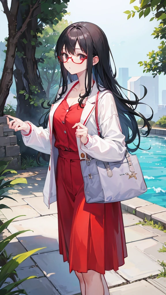 Girl with long black hair, Wearing a red pair of glasses