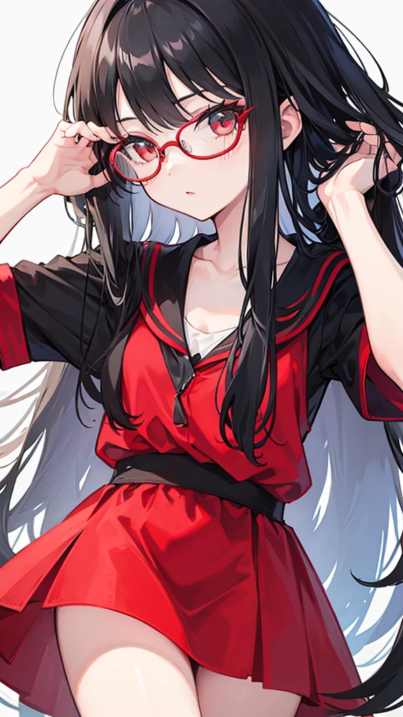 Girl with long black hair, Wearing a red pair of glasses