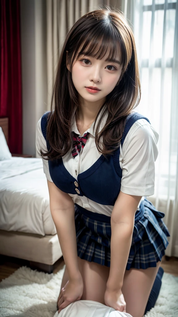 masterpiece, Best Quality, 8K, 20 yo, huge breasts, cuddly, Solo, sad, Cute, Girly, Delicate girl, Neat and clean beauty, Raw photo, Professional Photography, Portrait, Soft light, Professional Lighting, Back lighting, Upper body, front view, (on all fours, hotel room), Sophisticated, Film grain, (Eyes and faces with detailed:1.0), short length floating hair, beautiful flowing hair, bangs, High school girl uniform、Super Short Check Uniform Skirt、Navy blue high socks, Colossal tits、Don't expose it, expresses the roundness and softness of your chest., Protruding big, Erotic shorts, Standing Elegantly、Voluptuous thighs