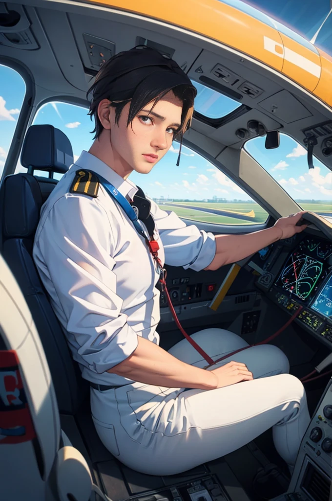 (Realistic, Realistic: 1.37),(masterpiece),( best quality), 1men, pilot, flying airplane, from cockpit, leotard,