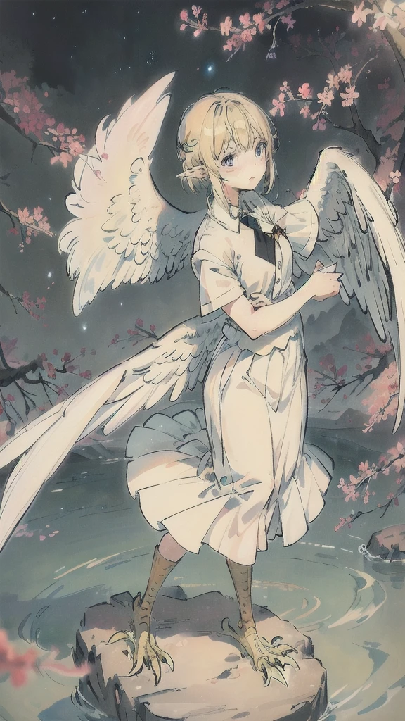 Anime girl standing on rocks on circular light background,20s,happy,white shirt,black standard tie,short sleeves,white school skirt,short hair,light blonde hair,pointy ears,((harpy)), anime style 4k, anime art wallpaper 8k, anime girl with space hair, anime art wallpaper 4k, anime art wallpaper 4k, anime wallpaper 4k, anime wallpaper 4k, fantastic anime, 4k anime wallpaper, anime moe art style, epic anime artwork, anime lighting、NSFW, (8K, RAW photo, highest quality, masterpiece:1.2), (realistic, Photoreal:1.37), super detailed, solo, beautiful detailed sky,near sky,cherry blossoms