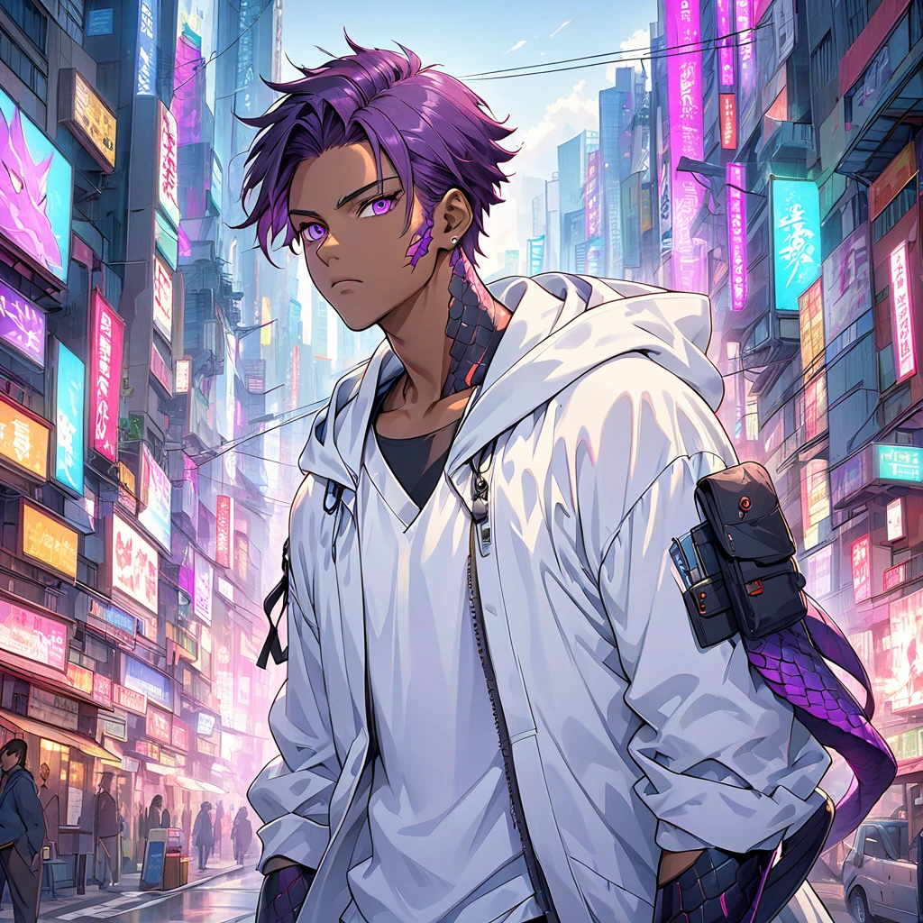 
"Generate a high-definition 8K AI image of a young male assassin in a cyberpunk setting. He is depicted with dark skin and a handsome face, wearing a white hooded coat over a white shirt. His hair is short and black, complemented by striking purple eyes and a menacing demeanor. His arms exhibit reptilian scales, adding to his threatening appearance. The scene is set in a futuristic Tokyo cityscape, illuminated by cinematic lights and vibrant colors, enhancing the realistic and highly detailed artwork."