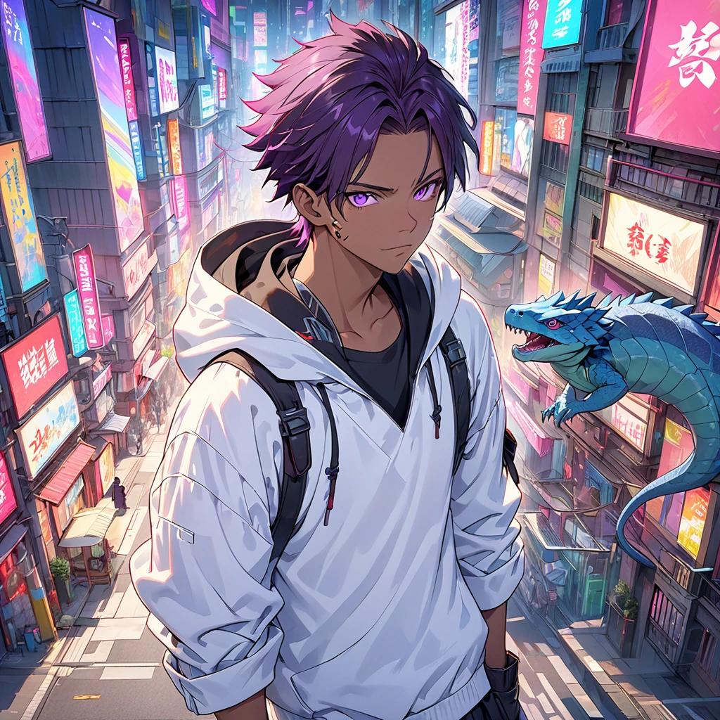 "Generate a high-definition 8K AI image of a young male assassin in a cyberpunk setting. He is depicted with dark skin and a handsome face, wearing a white hooded coat over a white shirt. His hair is short and black, complemented by striking purple eyes and a menacing demeanor. His arms exhibit reptilian scales, adding to his threatening appearance. The scene is set in a futuristic Tokyo cityscape, illuminated by cinematic lights and vibrant colors, enhancing the realistic and highly detailed artwork."