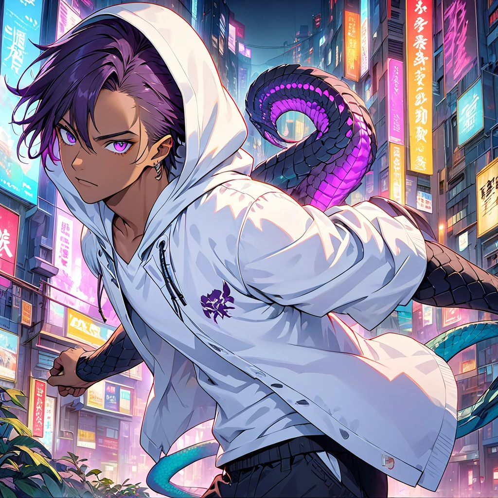 
"Generate a high-definition 8K AI image of a young male assassin in a cyberpunk setting. He is depicted with dark skin and a handsome face, wearing a white hooded coat over a white shirt. His hair is short and black, complemented by striking purple eyes and a menacing demeanor. His arms exhibit reptilian scales, adding to his threatening appearance. The scene is set in a futuristic Tokyo cityscape, illuminated by cinematic lights and vibrant colors, enhancing the realistic and highly detailed artwork."