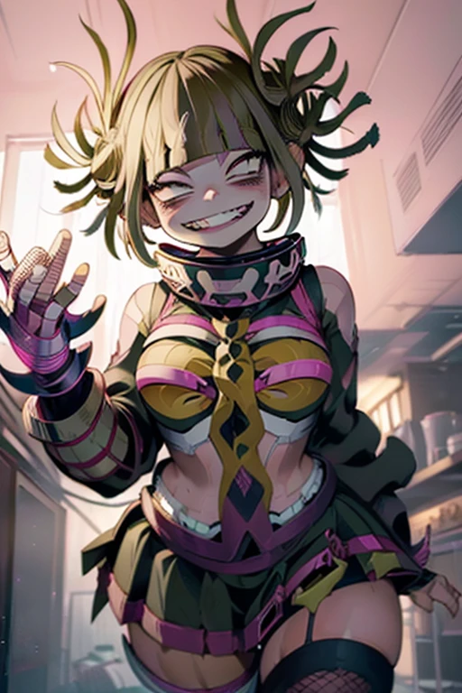 (\himiko toga:1.3)/,(Boku no hero academia:1.5),(Wearing),+, (a sexy miniskirt going up to the ass and a pink blouse with a neckline in the middle and the blouse ripped off)