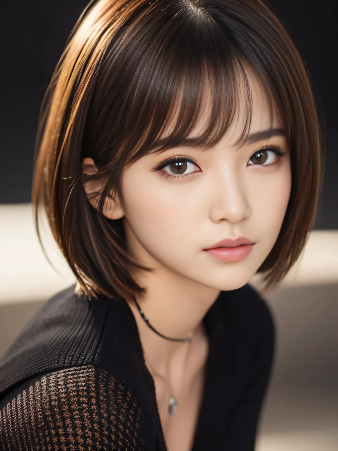 masterpiece, best quality, ultra-detailed, intricately detailed hyperdetailed, realistic, sharp features, highly detailed, sharp focus, 17 years old, Japanese idol, perfect face, perfect symmetrically perfect eyes, perfect full lips, flexible female form, cinematic, film light, hyper detailed, hyper realistic, high resolution, vibrant, dynamic studio lighting, Dark background, short hair, straight Bangs, cleavage, brown Eyes, Black sweater, cowboy shot,
