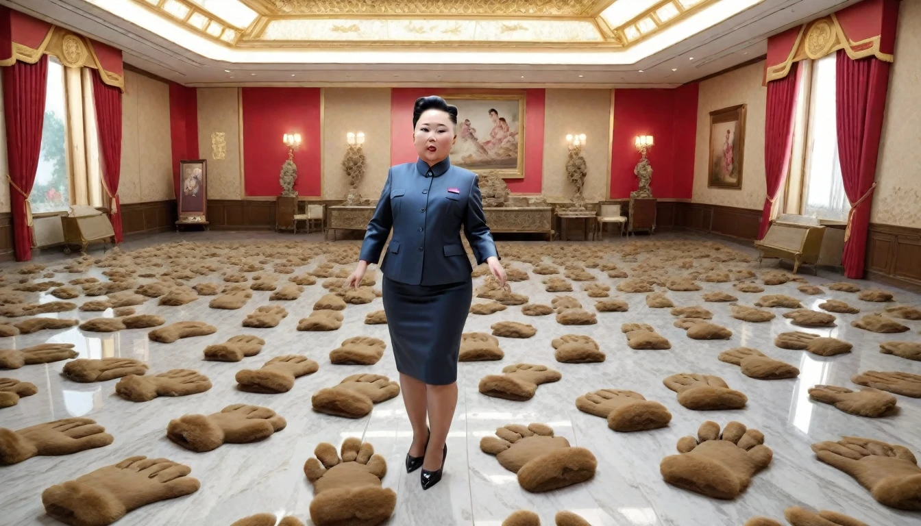 kim jong un (detailed face), disguised as a dancing girl, admiring a room of the Pyonyang Palace filled with gigantic pieces of seductive ladies of the poop bipeds with poop paws on the floor of its glorious PPV poop coupling hole , detailed face, 4k,8k, detailed