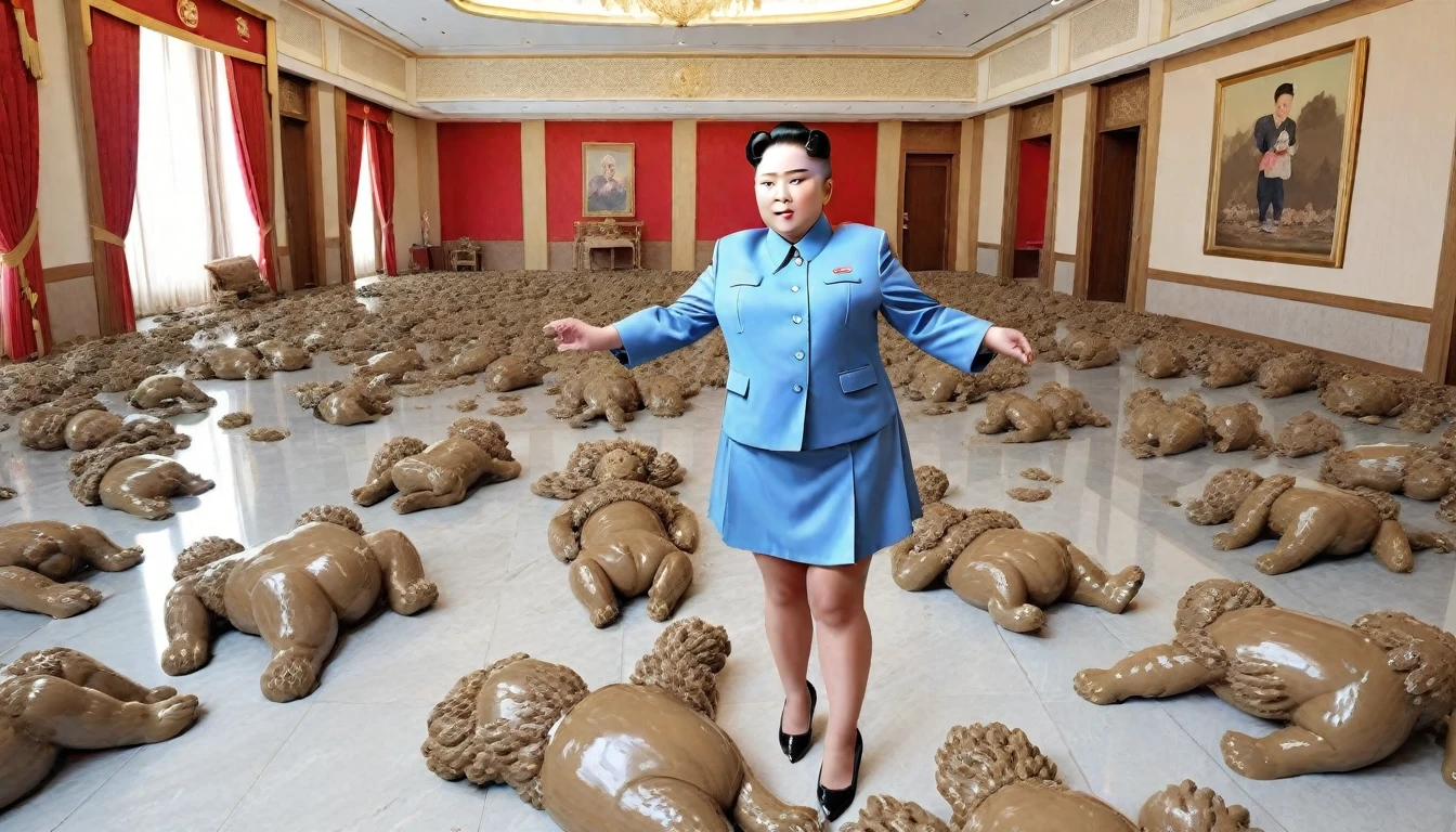 kim jong a giggling (detailed face), disguised as a , admiring a Cambridge room filled with gigantic pieces of seductive ladies from the poop bipeds with poop paws on the floor of their glorious PPV poop docking hole , detailed face,4k, details