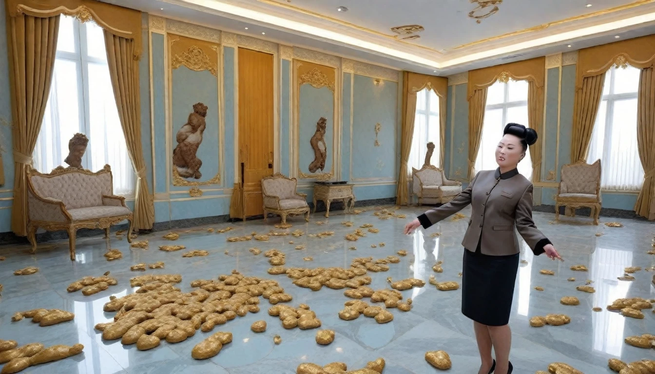 kim jong un (detailed face), disguised as a dancing girl, admiring a room of the Pyonyang Palace filled with gigantic pieces of seductive ladies of the poop bipeds with poop paws on the floor of its glorious PPV poop coupling hole , detailed face, 4k,8k, detailed