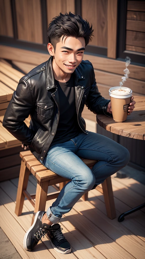 Realist 3D caricature, a young man, Indonesian face, wearing a black jacket, wearing jeans, wearing sneakers, sitting on a wooden chair, smiling, while carrying a cup of warm coffee, smoke effect, black rustic photography background, UHD, Hasselblad X1D II 50c Camera, iso 200