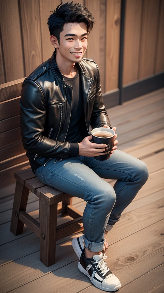 Realist 3D caricature, a young man, Indonesian face, wearing a black jacket, wearing jeans, wearing sneakers, sitting on a wooden chair, smiling, while carrying a cup of warm coffee, smoke effect, black rustic photography background, UHD, Hasselblad X1D II 50c Camera, iso 200