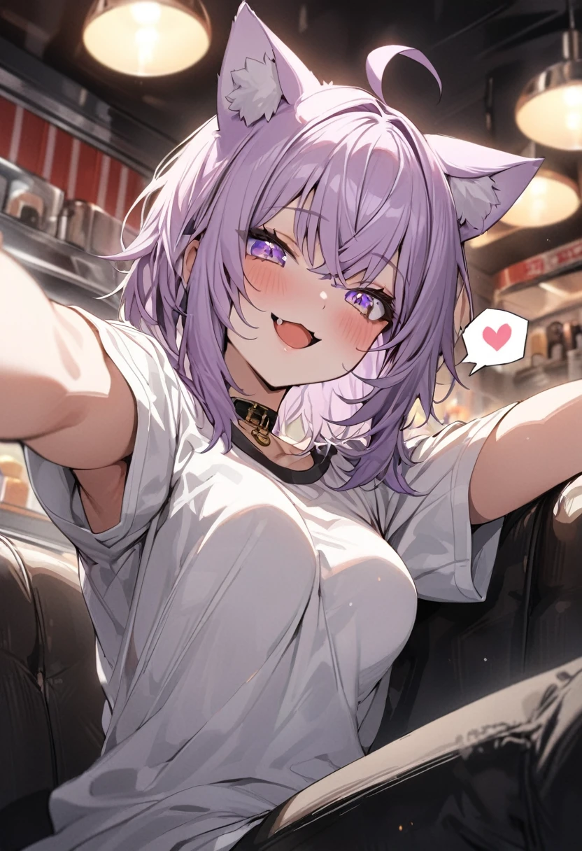 ((Nekomata okayu)), ((Masterpiece)), ((best quality)), (Anime:1.3), (super detail:1.2),(High Definition:1.3), (Professional Photography:1.2), (sharp focus), (perfect light),from below, (wide shot), Textured skin, 1girl, (Cute teenage beautiful Girl), ((loose white shirts)), (looking at viewer), (Beautiful daiamond eyes:1.3), (put on cat ears), Pale purple hair, medium hair, blush, (naughty smile), (Open mouth wide), Slender body, medium breasts, Glossy lips, slighty exposed Beautiful medum breasts, (spoken heart), (extend hand in front), (In the diner couch), NEKOMATA_OKAYU(HOLOLIVE), cat_ears, beautiful_purple_eyes, (multicolored_eyes), 1_beautiful_girl, cute_face, perfect_quality, perfect_anatomy, masterpiece, okayu, ahoge,