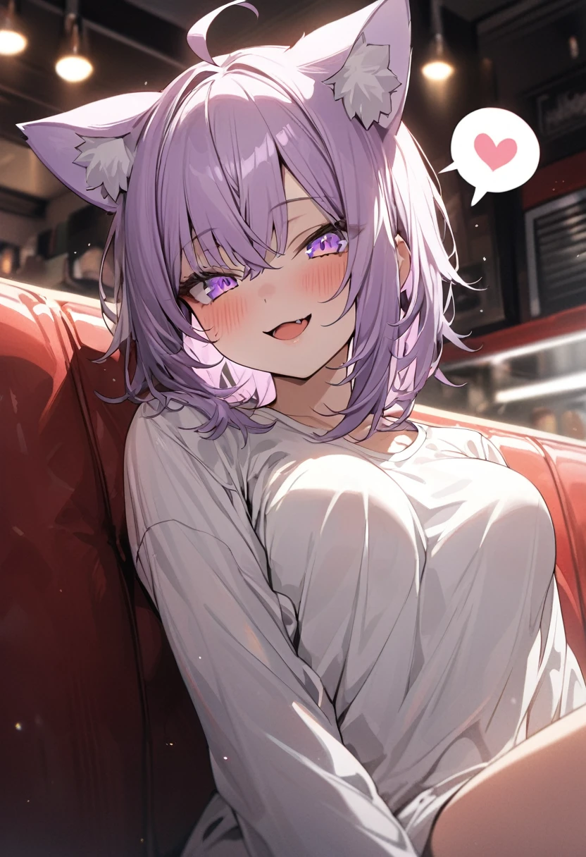 ((Nekomata okayu)), ((Masterpiece)), ((best quality)), (Anime:1.3), (super detail:1.2),(High Definition:1.3), (Professional Photography:1.2), (sharp focus), (perfect light),from below, (wide shot), Textured skin, 1girl, (e teenage beautiful Girl), ((oversized white shirts)), (looking at viewer), (Beautiful daiamond eyes:1.3), (put on cat ears), Pale purple hair, medium hair, blush, (naughty smile), (Open mouth wide), Slender body, medium breasts, Glossy lips, slighty exposed Beautiful medum breasts, (spoken heart), (Extend arms in front), (In the diner couch), (super detail), (sharp focus), NEKOMATA_OKAYU(HOLOLIVE), cat_ears, beautiful_purple_eyes, (multicolored_eyes), 1_beautiful_girl, cute_face, perfect_quality, perfect_anatomy, masterpiece, okayu, ahoge,