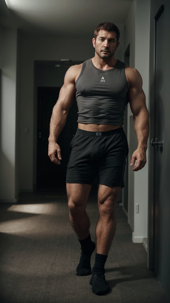 1 man, solo, 48 year old, Chris Redfield daddy, wearing a grey T-shirt, smirks, looking at the camera, black color on the shoulder and a bsaa logo on the shoulder, military tactical suit, equipment, tall and hunk, half naked, legs hairy, only wearing a black boxer, very huge bulge, black socks, no shoes,, biceps, abs, very muscled body, muscled legs, hairy chest, best quality, masterpiece, high resolution:1.2, full body shot, dark black gloomy hallway with not background, focus on feet and black socks, sock fetish, throwing a kick the camera, socks are close to the camera