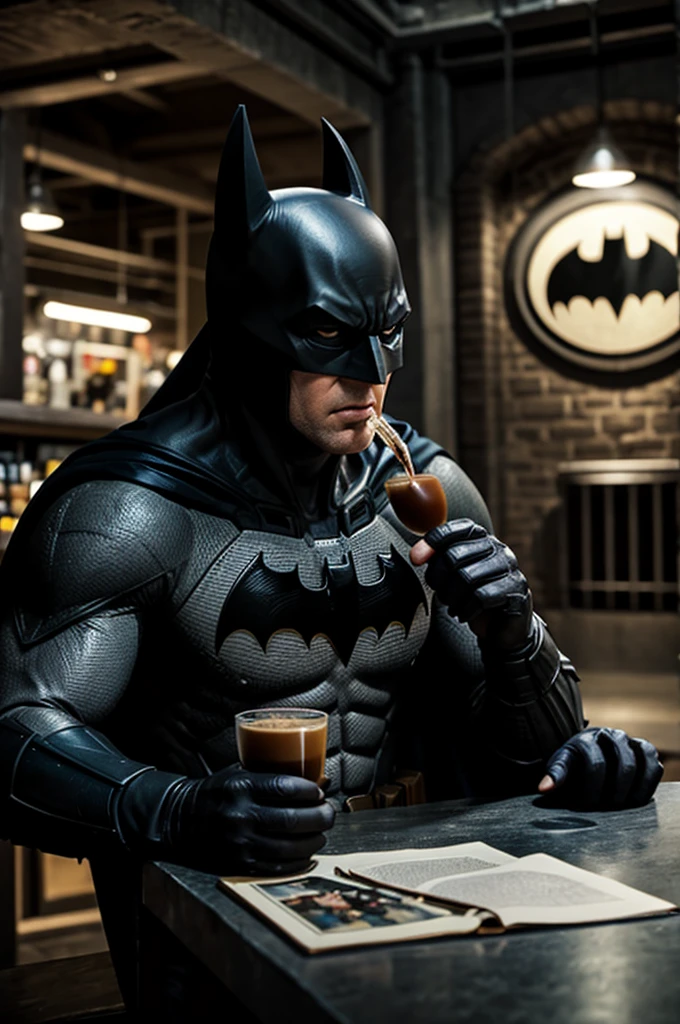 Batman drinking coffee in the Batcave