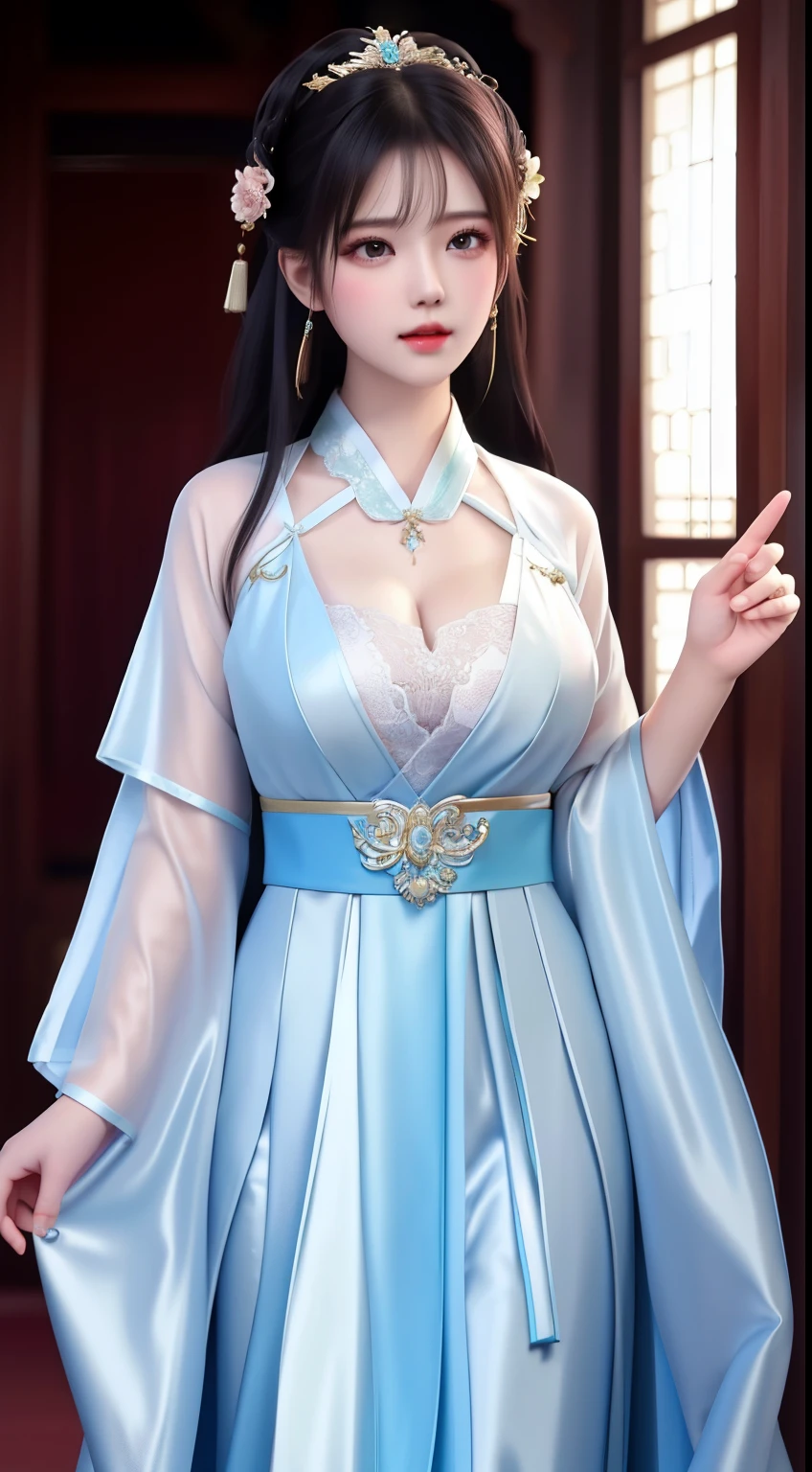 best quality, masterpiece, highres, 1girl,china dress,hair ornament,necklace, jewelry,Beautiful face,upon_body, tyndall effect,photorealistic, dark studio, rim lighting, two tone lighting,(high detailed skin:1.2), 8k uhd, dslr, soft lighting, high quality, volumetric lighting, candid, Photograph, high resolution, 4k, 8k, Bokeh, Wet-breasted Hanfu open V-chested clothes, All pictures, Wet body of thin silk fabric, Thin silk lace petticoat,princess 10 yeald old cute, (huge ，cleavage),petticoat, white pink, blue ，best qualtiy，tmasterpiece，Ultra-high resolution，（Reality：1.4），RAW photogr，（True skin texture：1.3），（filmgrain：1.3），（Selfie angle），1个Giant Breast Girl，Beautiful eye and face details，tmasterpiece，Best quality at best，exposing thighs，Bigchest，The chest is more exposed, pattern on fabric