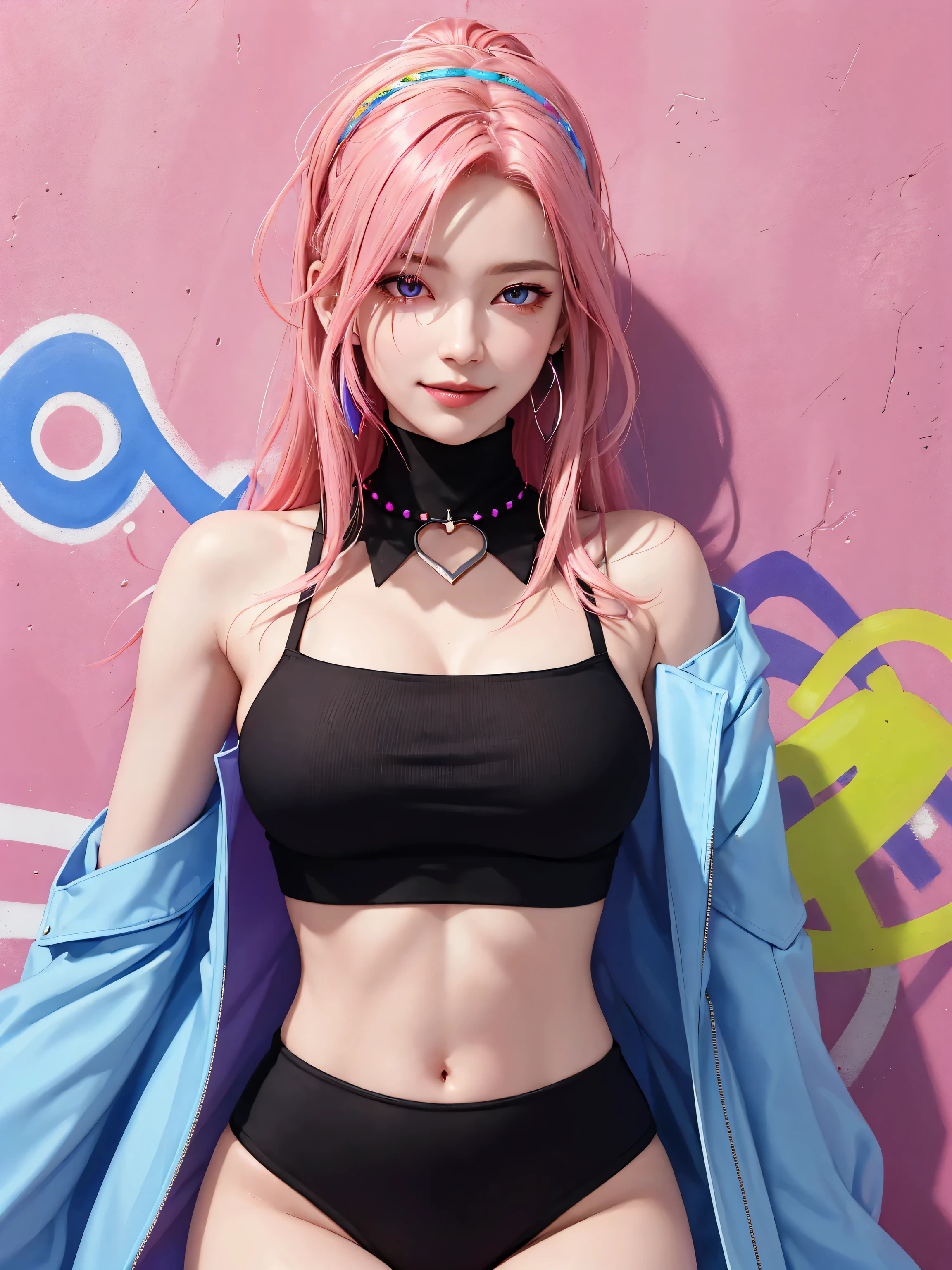 (Masterpiece, best quality, 1 girl, alone, complicated details, Chromatic aberration), realistic, ((Moderate breath)),long hair, pink hair, Red headpiece, Pink Highlights, hair on one eye,purple eyes, earring, sharp eyes, choker, Neon coat, She wears a collar, bangle, and kimono style garters., crop top, (symmetrical eyes),(Perfect symmetrical body),against the wall, Brick wall, (colorful graffiti words on the wall:1.2), The light is dim., alley ,Look at the viewer.、Dig the chest、smile、(sleeveless、Navel touch、Fitted turtleneck.)、street string hot pants、Thin bottom、Please build above the eaves..、Thin shoulders、in underwear、