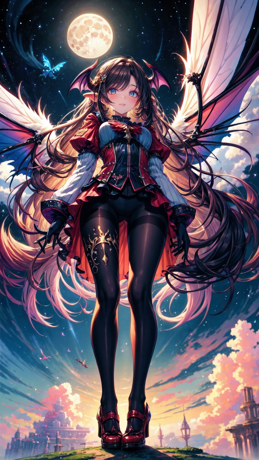 ((best quality)), ((masterpiece)), (detailed), Succubus, Ethereal Beauty, Living in the Clouds, (fantasy illustrations:1.3), Fascinating eyes, Tights, Pantyhose, stocking, Tights, Charming pose, Exquisite wings, Charming, Mysterious sky, Big Moon, Moonlit Night, Soft colors, (detailed cloudscape:1.3), (high resolution:1.2), From below, (score_clearly), (Fraction_9, Fraction_8_up, Fraction_7_Direction_6_Direction_5_Direction_4_up, high resolution, 4K)