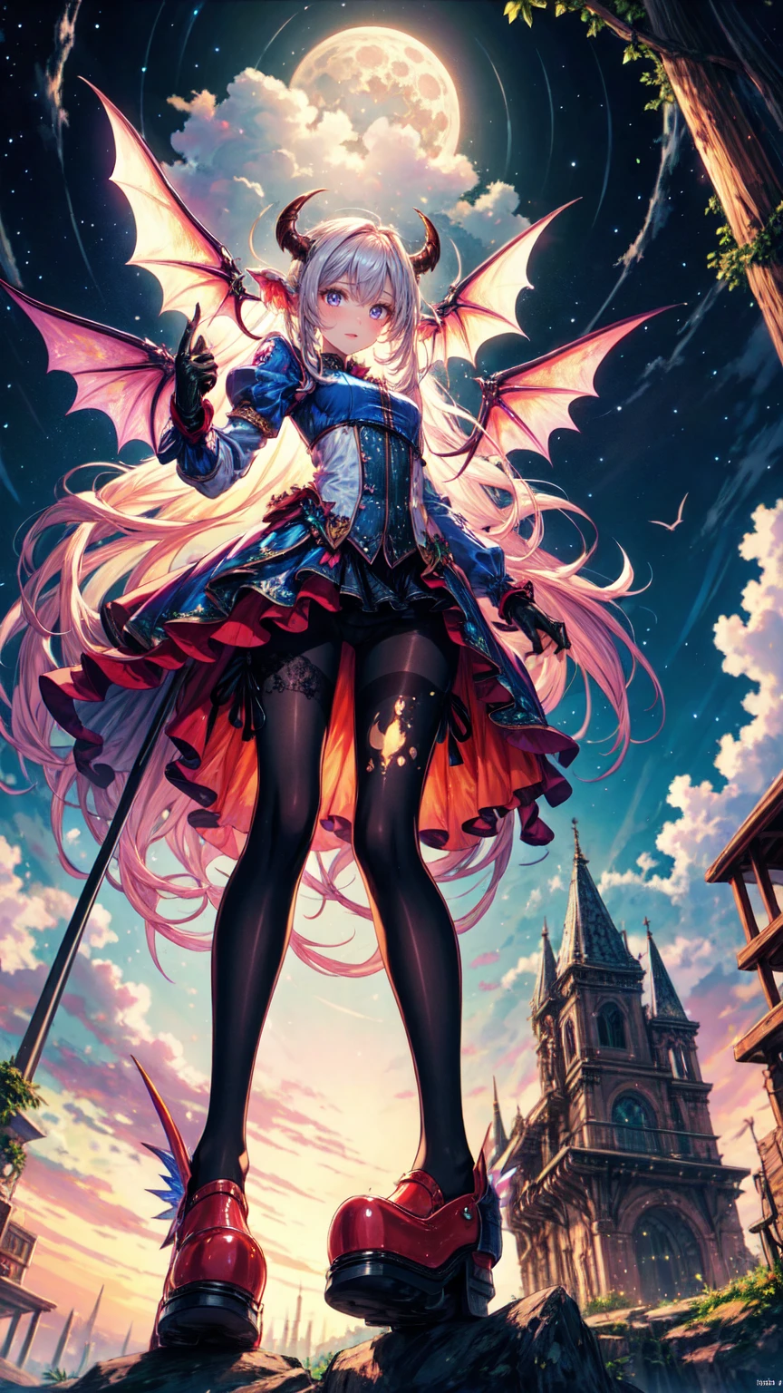 ((best quality)), ((masterpiece)), (detailed), Succubus, Ethereal Beauty, Living in the Clouds, (fantasy illustrations:1.3), Fascinating eyes, Tights, Pantyhose, stocking, Tights, Charming pose, Exquisite wings, Charming, Mysterious sky, Big Moon, Moonlit Night, Soft colors, (detailed cloudscape:1.3), (high resolution:1.2), From below, (score_clearly), (Fraction_9, Fraction_8_up, Fraction_7_Direction_6_Direction_5_Direction_4_up, high resolution, 4K)