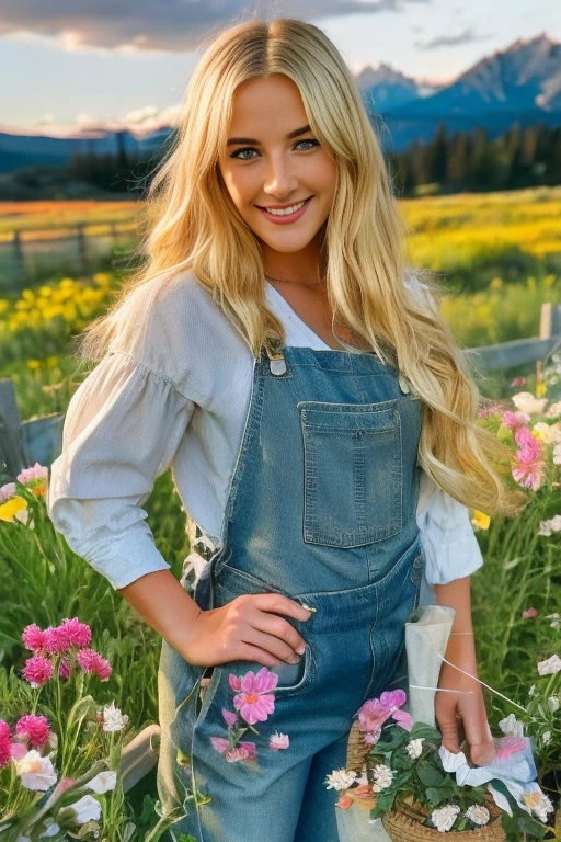 close up photography, a western scene, A beautiful blonde woman smiling alone standing next to a divided fence in a meadow full of flowers in the Sawtooth Mountains in Idaho as the sun sets; wearing overalls without a shirt , sexy peasant, europea, 🤬 🤮 💕