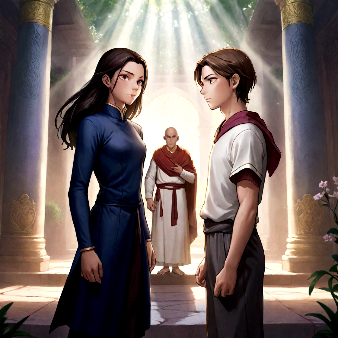 "Crie uma imagem do encontro entre The flower e Christian em um ambiente majestoso e místico. The flower, a powerful young woman with long dark hair, bright eyes and elegant, functional clothes, is standing with a serious and attentive expression. Christian, a 17 year old with pale skin, angelic brown hair and a serene but intense expression, is standing in front of you. He's tall and strong, wearing simple but well-groomed clothes. Ao fundo, the Monk Manguelo, dressed in sacred robes, watches the scene with concern. The setting is a large ancient temple with pillars decorated with magical inscriptions and soft light streaming in through tall windows., or an enchanted forest clearing with rays of sunlight piercing the treetops, creating a magical atmosphere. The image must convey the expectation and tension of the meeting, highlighting the importance of the moment