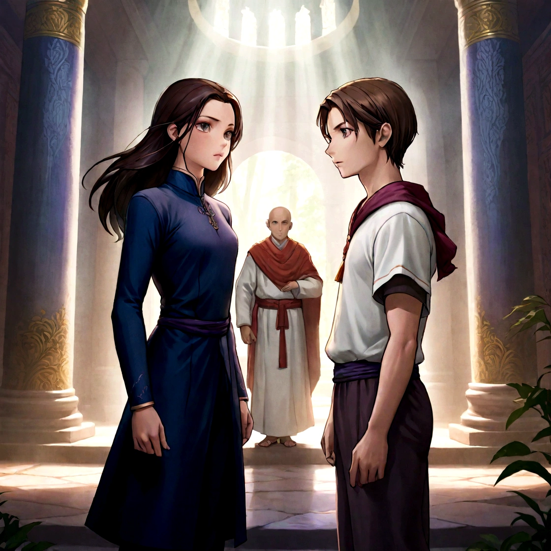 "Crie uma imagem do encontro entre The flower e Christian em um ambiente majestoso e místico. The flower, a powerful young woman with long dark hair, bright eyes and elegant, functional clothes, is standing with a serious and attentive expression. Christian, a 17 year old with pale skin, angelic brown hair and a serene but intense expression, is standing in front of you. He's tall and strong, wearing simple but well-groomed clothes. Ao fundo, the Monk Manguelo, dressed in sacred robes, watches the scene with concern. The setting is a large ancient temple with pillars decorated with magical inscriptions and soft light streaming in through tall windows., or an enchanted forest clearing with rays of sunlight piercing the treetops, creating a magical atmosphere. The image must convey the expectation and tension of the meeting, highlighting the importance of the moment