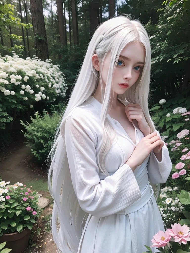 Long white hair, blue eyes, serious features, white skin, loose style, in a garden, with flowers , in the forest