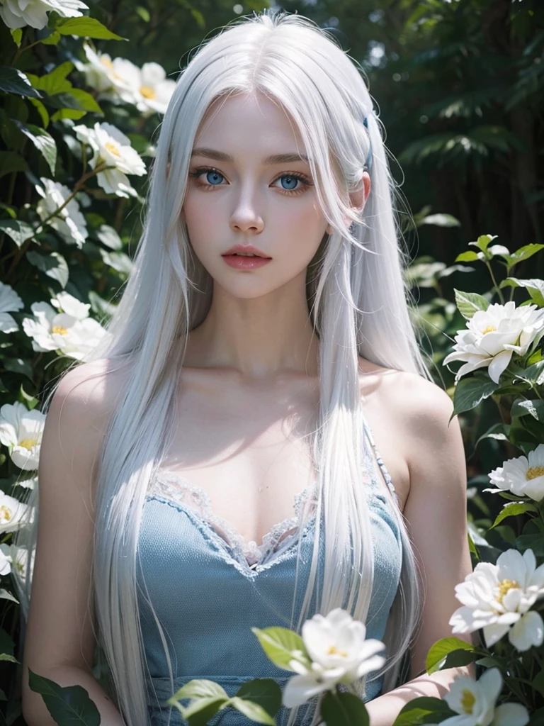 Long white hair, blue eyes, serious features, white skin, loose style, in a garden, with flowers , in the forest