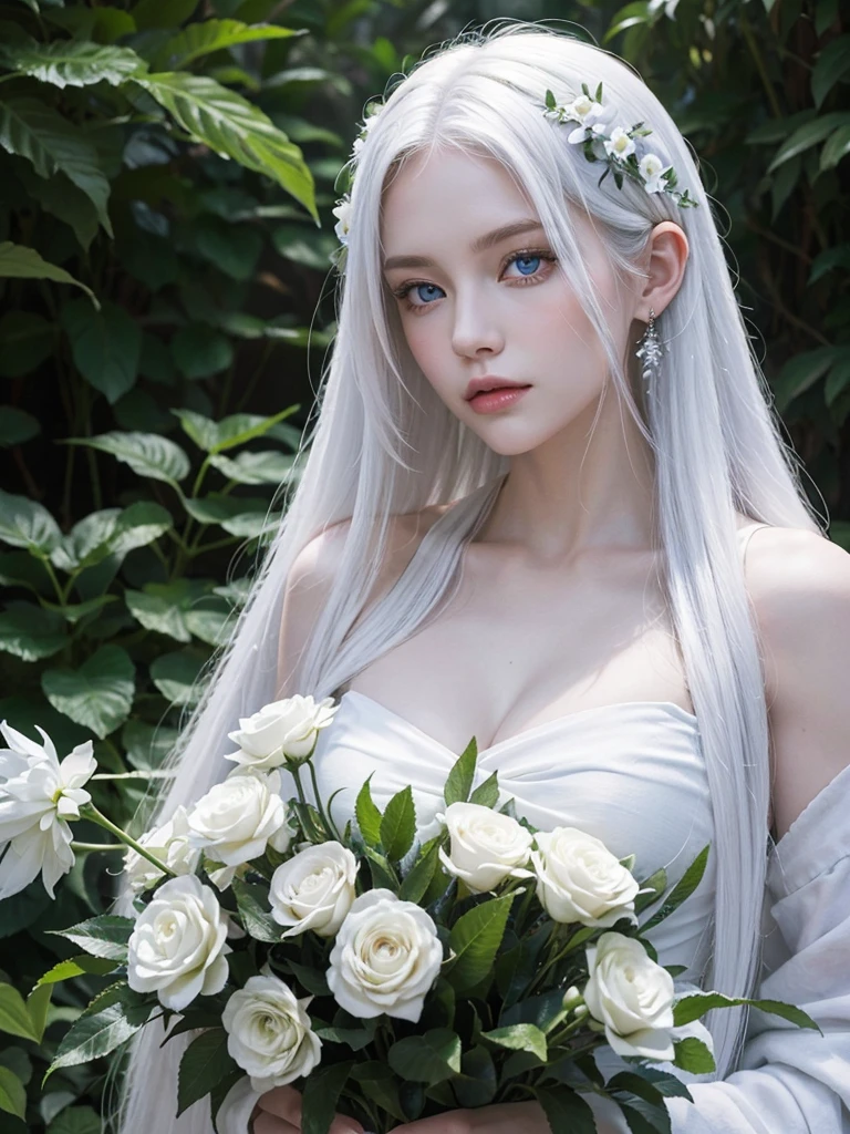 Long white hair, blue eyes, serious features, white skin, loose style, in a garden, with flowers , in the forest