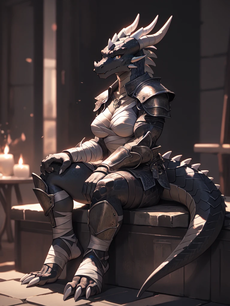 solo, kemono, (dragon), anthro, female, ((black body)), scales, tail, muscles, medium breasts, leather armor, chest armor, sitting, nose ring piercing, toe claws, bandaged feet, depth of field,(best quality)