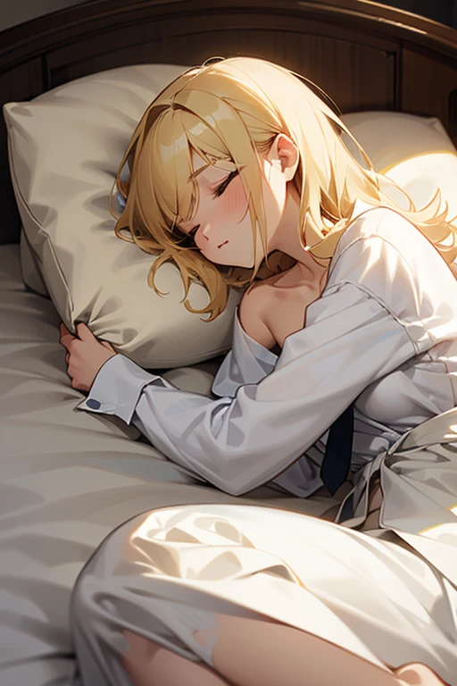 a beautiful blonde haired girl sleeping in a bed, wearing a white shirt with the sleeves rolled up, tie loosened, torn clothes, slender figure, beautiful collarbone