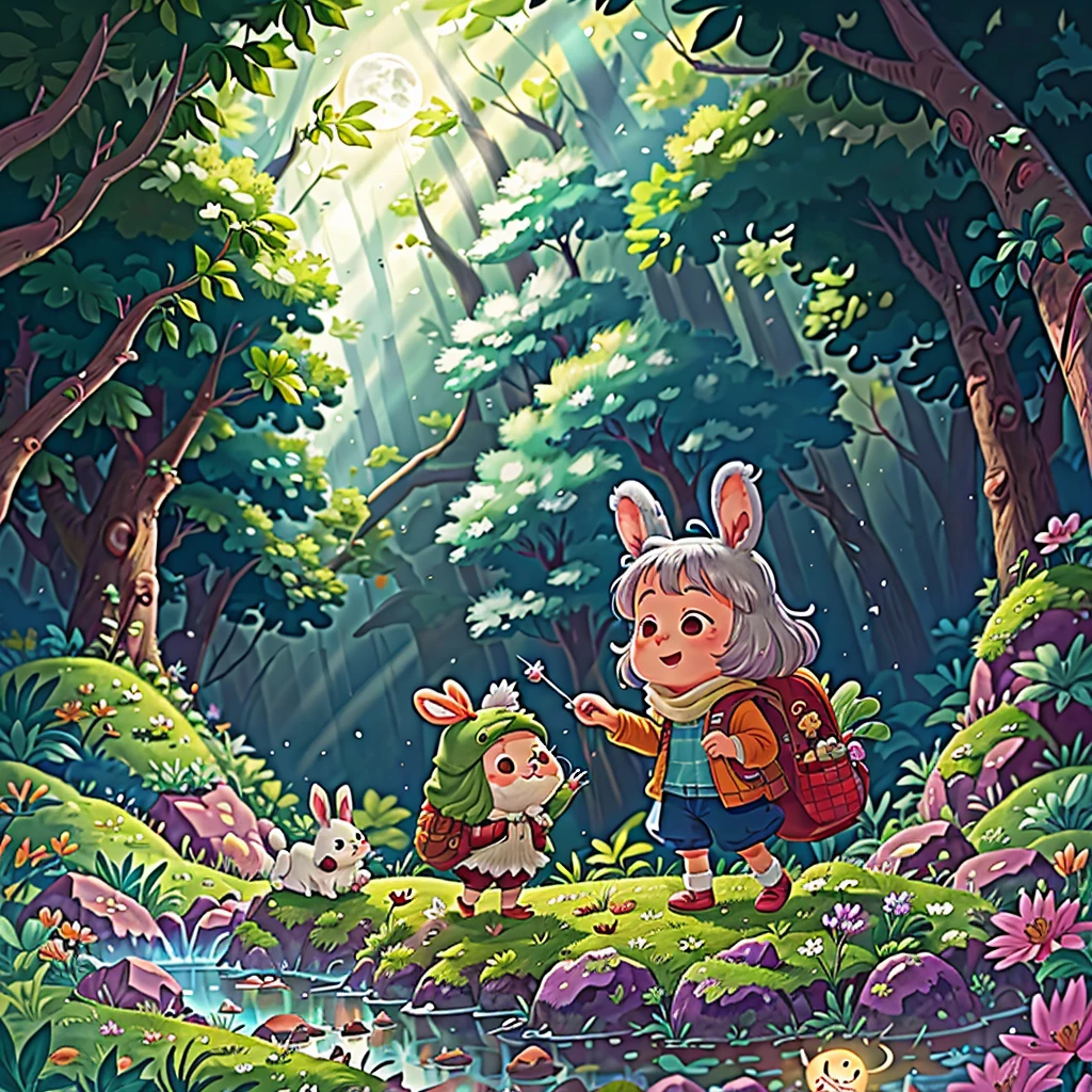 Silver light fills the forest. A little rabbit leaps over the stream. The crescent moon in the night sky. Carrot biscuits in the backpack. Cuicui guides the path. Banban drives away mosquitoes. The moonlight on the top of the mountain is a stage. Flowers are shining brightly. The laughter is like a silver bell. The warm hug from my mother.