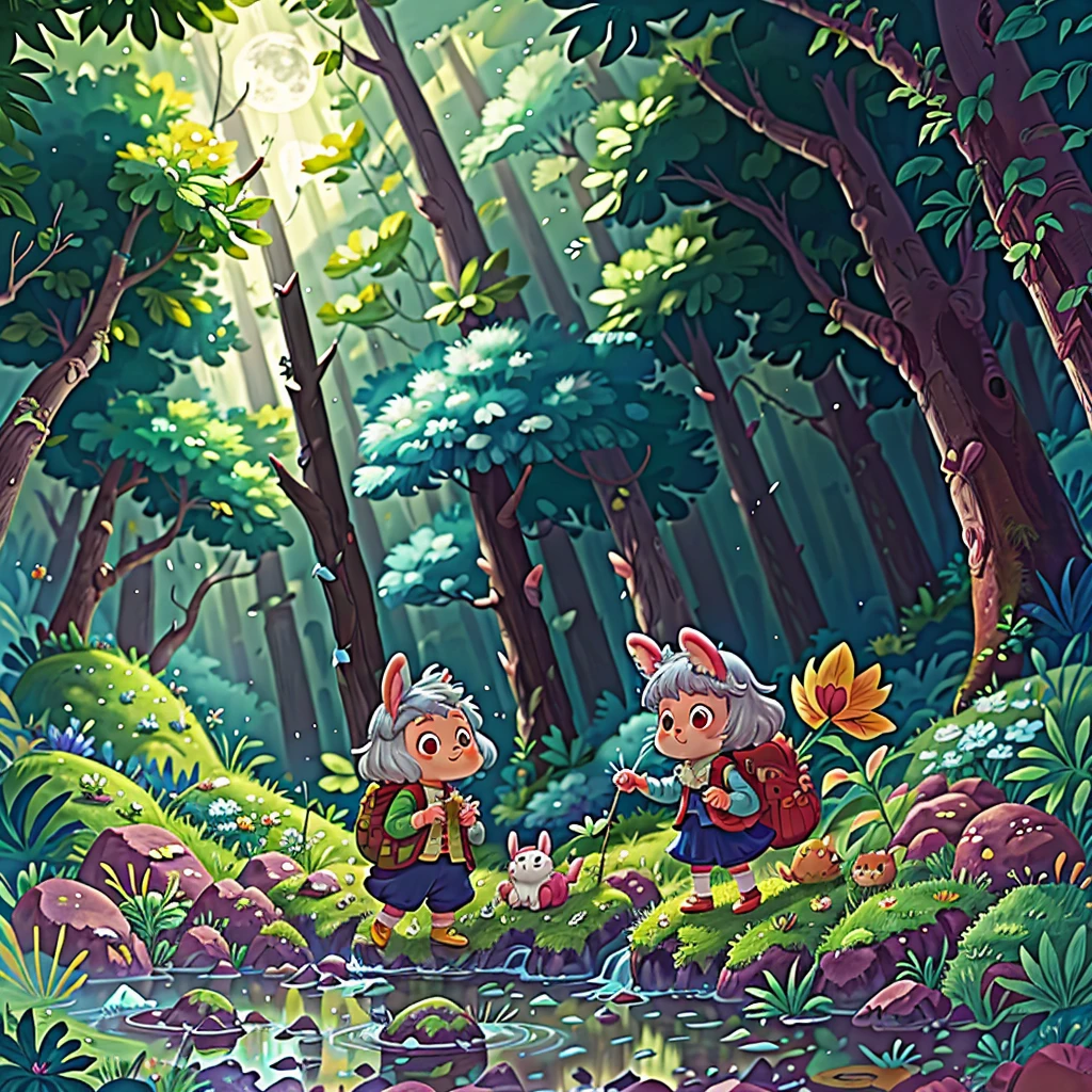 Silver light fills the forest. A little rabbit leaps over the stream. The crescent moon in the night sky. Carrot biscuits in the backpack. Cuicui guides the path. Banban drives away mosquitoes. The moonlight on the top of the mountain is a stage. Flowers are shining brightly. The laughter is like a silver bell. The warm hug from my mother.