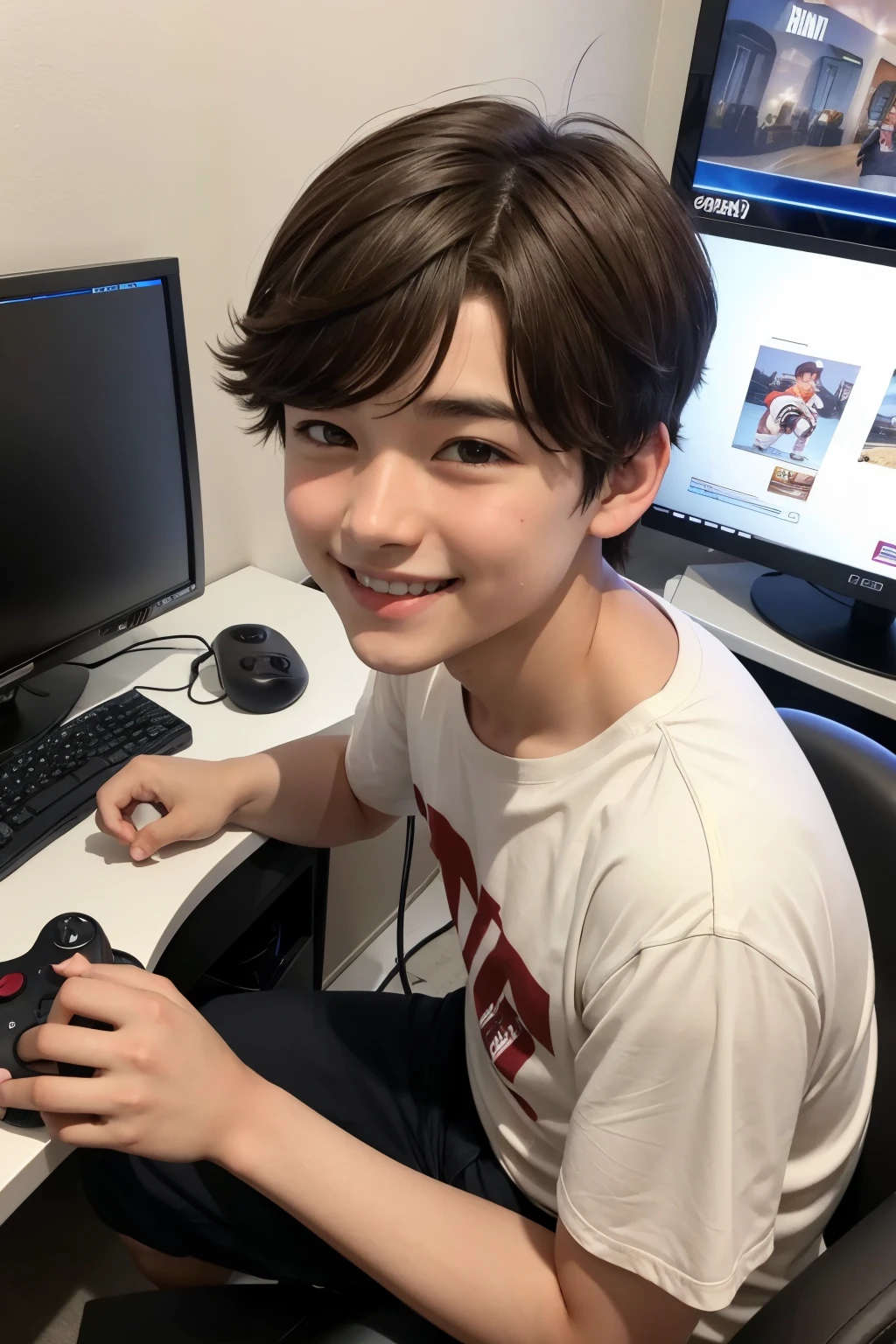 A boy with short brown hair smiling slightly while playing video games