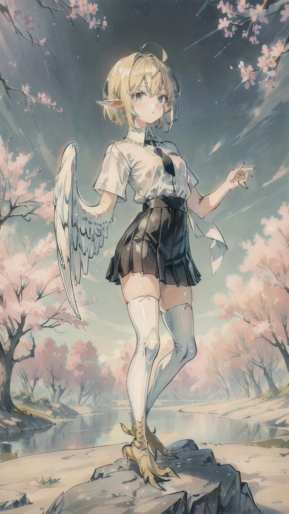 Anime girl standing on rocks on circular light background,20s,happy,white shirt,black standard tie,short sleeves,white school skirt,short hair,light blonde hair,pointy ears,((harpy)), anime style 4k, anime art wallpaper 8k, anime girl with space hair, anime art wallpaper 4k, anime art wallpaper 4k, anime wallpaper 4k, anime wallpaper 4k, fantastic anime, 4k anime wallpaper, anime moe art style, epic anime artwork, anime lighting、NSFW, (8K, RAW photo, highest quality, masterpiece:1.2), (realistic, Photoreal:1.37), super detailed, solo, beautiful detailed sky,near sky,cherry blossoms