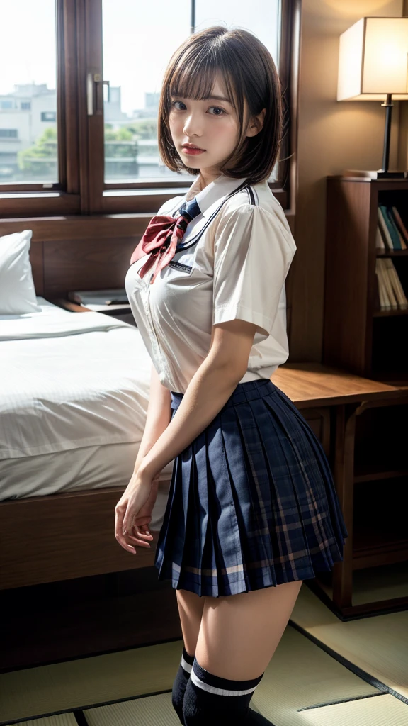 (RAW photo, 4k, masterpiece, high resolution, extremely complex) (realistic: 1.4), cinematic lighting
((1 girl, 1 schoolgirl)),blushing,((innocent)),bright eyes,round eyes,blunt bangs,(short bob hair:1.3),black hair,large breasts,wide hips,Summer Noon, ,Hot, (Best Quality), (Highres), (an Extremely Delicate and Beautiful),(Beautiful 8k face),(Brown eyes),short bob hair,( spectators),(gigantic breasts),(Japanese high school uniform:1.3),blue skirt,(reality),bright lighting,(The background is a luxury hotel room)