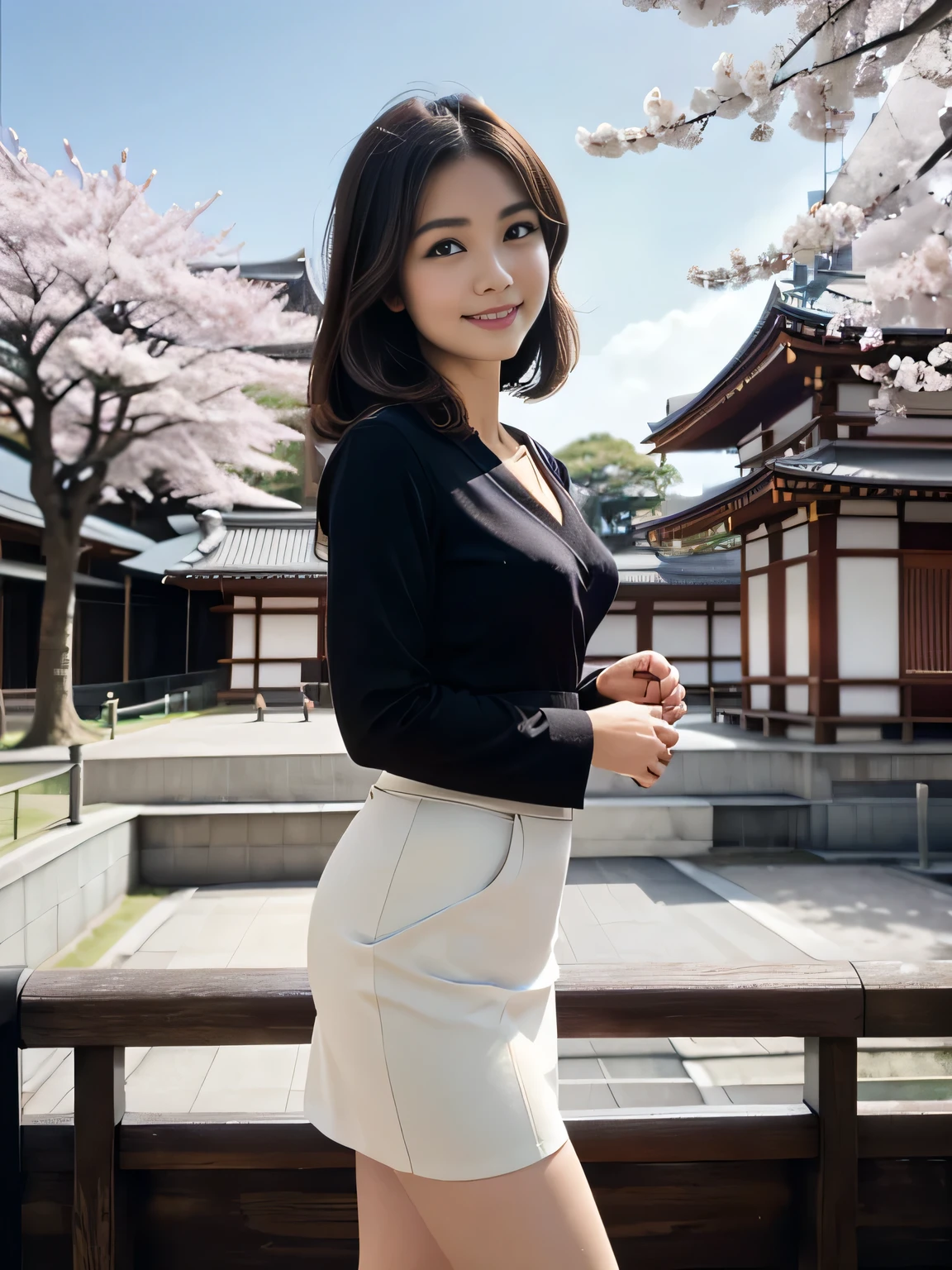 skirt,70s female,Retro Photography, 1960s , AGFA, Kodak, One girl, Lookwg_w_Audience, smile, Japan, Tokyo, Cherry Blossom, Octane Renderwg, 一人w, Very skwny,V-neck buswess suit,A neat image,Mature Woman