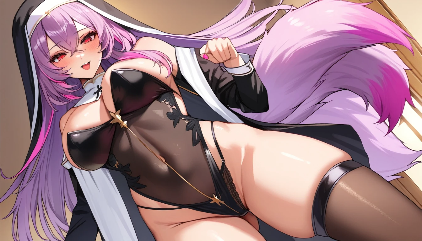 Beautiful girl foxgirl, medium large breasts,purple hair with pink highlights tips, masterpiece , red eyes, sexy, anime styled, 2D, mature, dynamic angle, long hair, sexy, fox tails, sexy pose, nun outfit