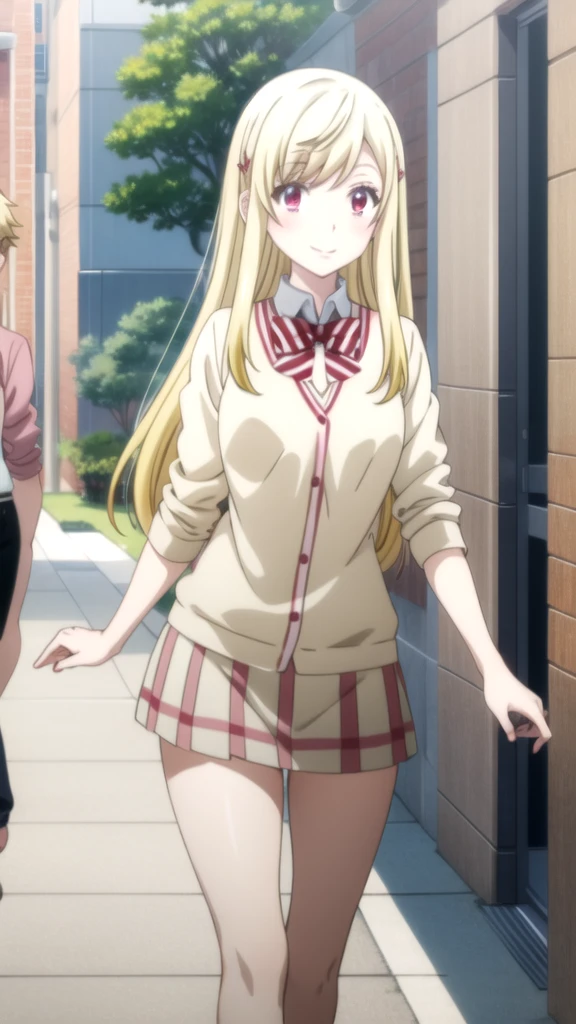 Chica anime in a pink shirt and white skirt walking down a street, seductive Chica anime, attractive Chica anime, oppai, anime visual de una linda chica, Mejor Chica Animé, cute Chica anime, an Chica anime, pretty Chica anime, beautiful Chica anime, Chica anime, young Chica anime, lindo anime waifu con un bonito vestido, hermosa seductora anime adolescente, yamada_yellow, 1chica , by rubio, alone, wide, hair ornament, , smile, bow, red eyes my dress darling anime, beautiful seductress anime