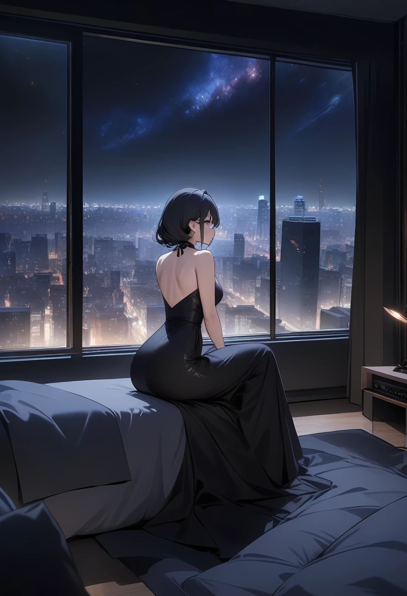 masterpiece, best quality, very aesthetic, absurdres, newest,wide_shot,bust,huge floor-to-ceiling windows,(night view of the city:1.2),bedroom,(record the night scene outside the window:1.3),night,galaxy,huge building,
(1girl:1.3),black evening dress,sitting,curve,look out the window,