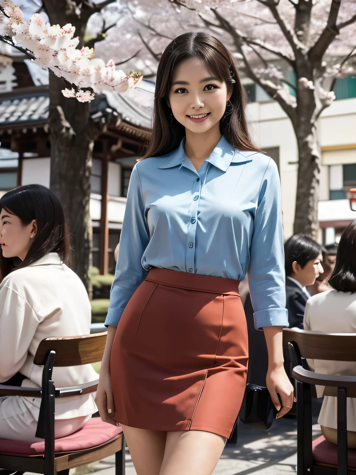 skirt,70s female,Retro Photography, 1960s , AGFA, Kodak, One girl, Lookwg_w_Audience, smile, Japan, Tokyo, Cherry Blossom, Octane Renderwg, 一人w, Very skwny,buswess suit,A neat image,Mature Woman