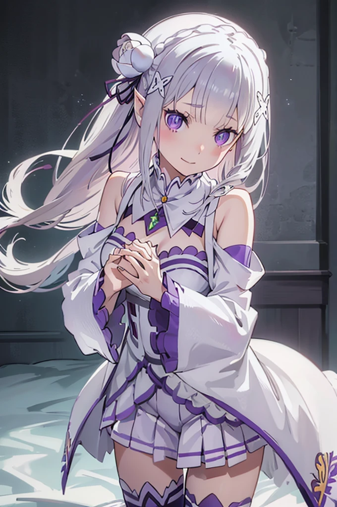 emilia, 
Rezero emilia, 
1girl, 
best illustration, masterpiece, best quality, 
perfect anatomy, nice hands, perfect hands, BREAK long hair, low-tied long hair, braid, crown braid,
white hair, 
(purple eyes:1.2), (beautiful detailed eyes:1.6),
looking at viewer, 
pointy ears,
BREAK smile, 
dress, pink dress, BREAK bare shoulders, detached collar, long sleeves, shoulder cutout, wide sleeves, white sleeves, 
medium breasts, 
zettai ryouiki, 
flower, hair flower, hair ornament, hair ribbon,   white flower, x hair ornament,
cowboy shot ,
Kneeling pose,
shoot from above, 
perfect lighting,
background of indoor, on the house bed,