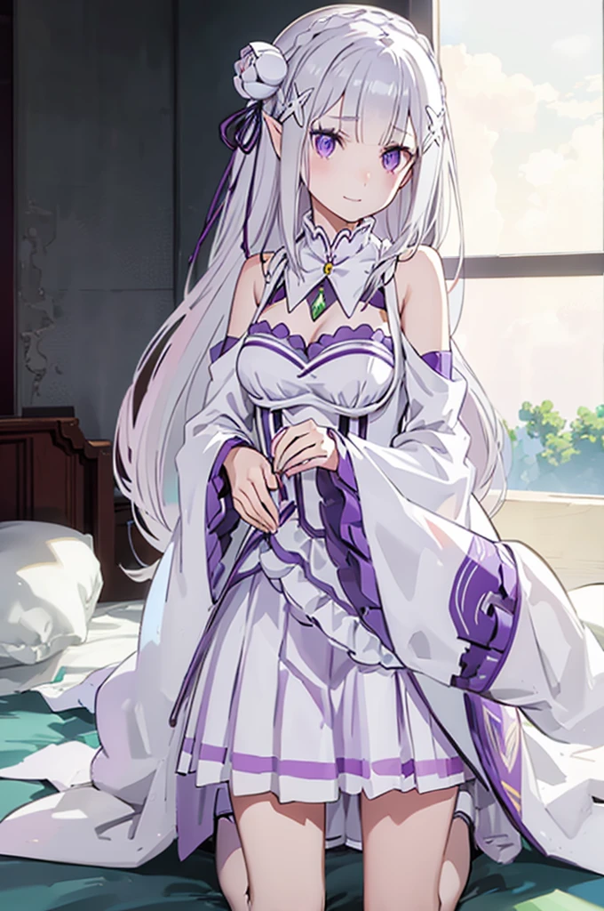 emilia,
Rezero emilia,
1girl,
best illustration, masterpiece, best quality,
perfect anatomy, nice hands, perfect hands, BREAK long hair, low-tied long hair, braid, crown braid,
white hair,
(purple eyes:1.2), (beautiful detailed eyes:1.6),
looking at viewer,
pointy ears,
BREAK smile,
dress, pink dress, BREAK bare shoulders, detached collar, long sleeves, shoulder cutout, wide sleeves, white sleeves,
medium breasts,
zettai ryouiki,
flower, hair flower, hair ornament, hair ribbon, white flower, x hair ornament,
cowboy shot ,
Kneeling pose,
shoot from above,
perfect lighting,
background of indoor, on the house bed,