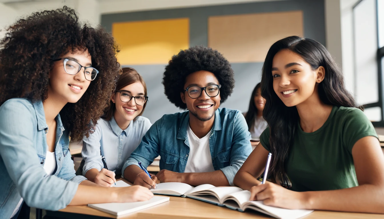 create an image of a diverse group of students studying together in a modern classroom setting.
