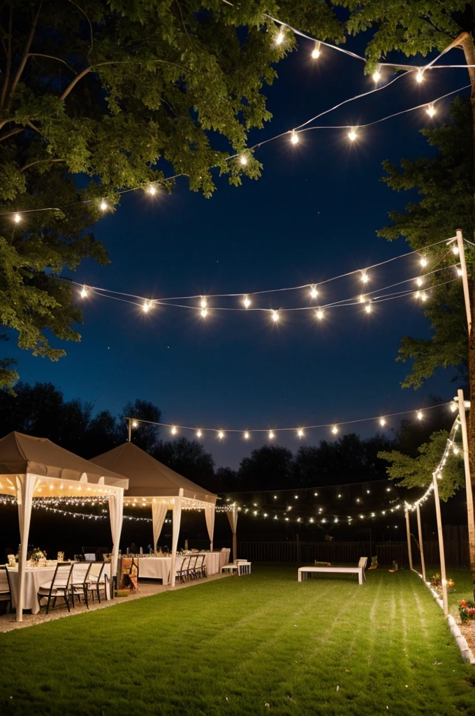 Outdoor celebration with music and food, in the yard of a house, with grass and a family atmosphere, with decoration of colored pennants and lights, similar to a fair. That is not elegant. That it doesn&#39;t have tables, no chairs either. That the image does not have people. 